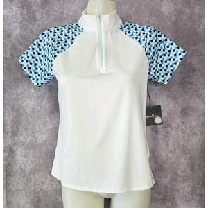 BELYN KEY Poolside Tile Raglan Short Sleeve Sleeve Golf Shirt Womens Small White
